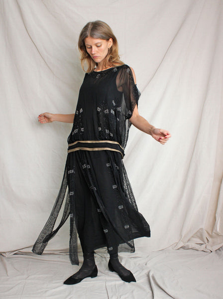 20s Drop Waist Beaded Silk Chiffon Dress