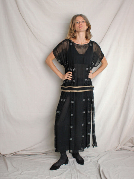 20s Drop Waist Beaded Silk Chiffon Dress