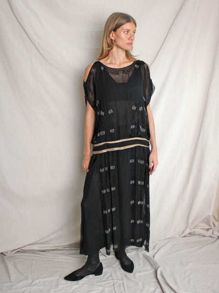 20s Drop Waist Beaded Silk Chiffon Dress