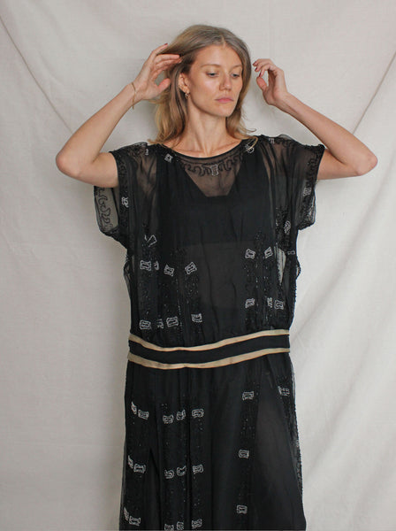 20s Drop Waist Beaded Silk Chiffon Dress