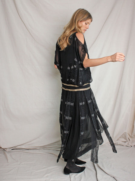 20s Drop Waist Beaded Silk Chiffon Dress