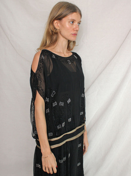 20s Drop Waist Beaded Silk Chiffon Dress