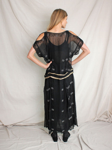 20s Drop Waist Beaded Silk Chiffon Dress