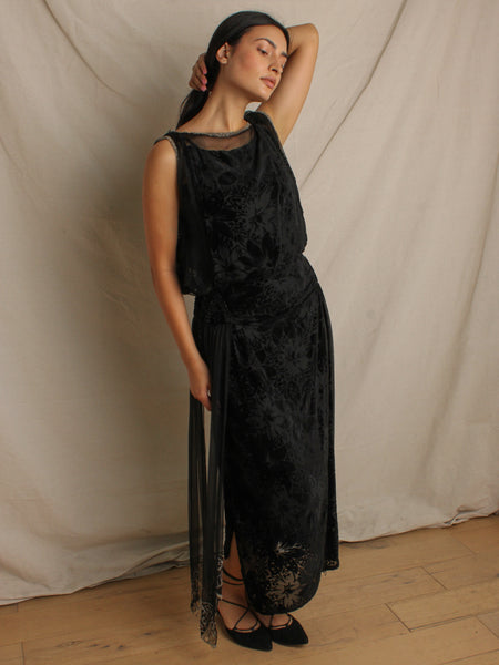 20s Silk Velvet & Chiffon Dress