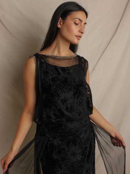 20s Silk Velvet & Chiffon Dress