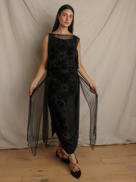 20s Silk Velvet & Chiffon Dress