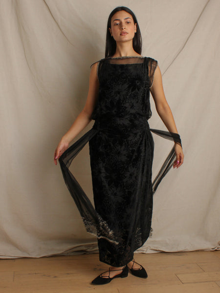 20s Silk Velvet & Chiffon Dress