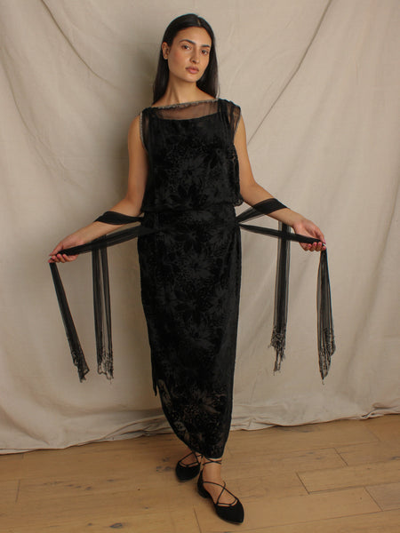 20s Silk Velvet & Chiffon Dress