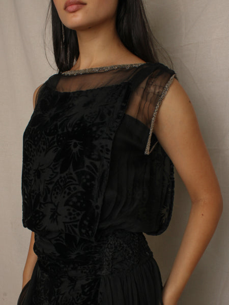 20s Silk Velvet & Chiffon Dress