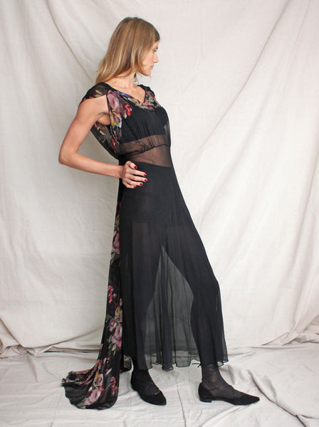 30s Floral Appliqué Silk Chiffon Gown