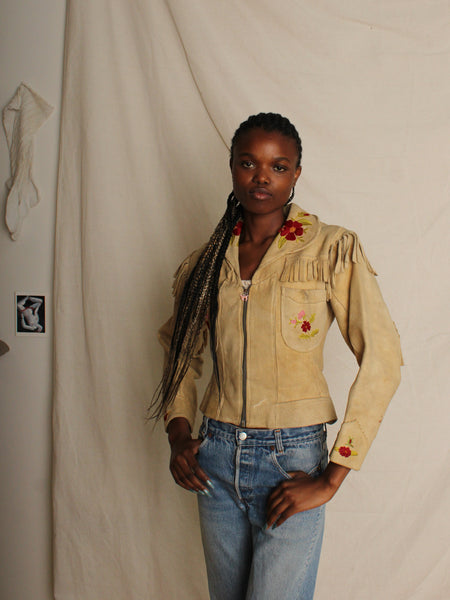 30s Embroidered Deer Hide Fringe Jacket