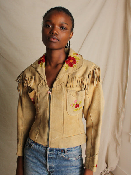 30s Embroidered Deer Hide Fringe Jacket