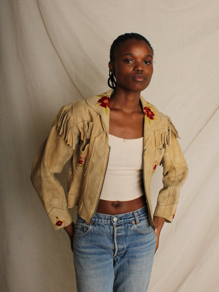 30s Embroidered Deer Hide Fringe Jacket