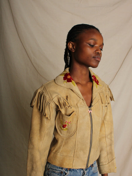 30s Embroidered Deer Hide Fringe Jacket