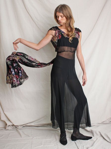 30s Floral Appliqué Silk Chiffon Gown