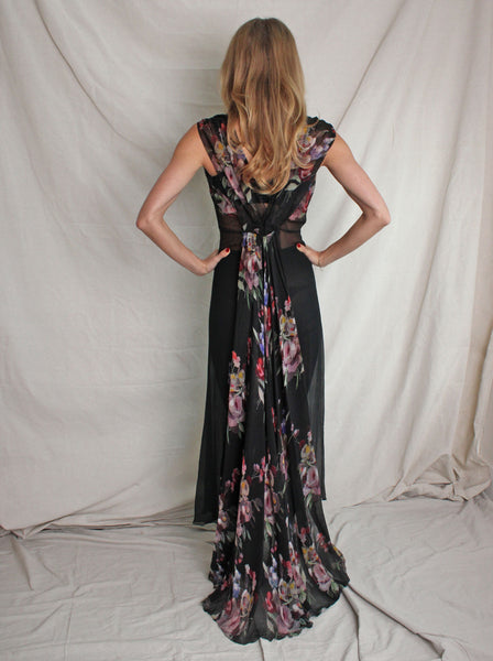 30s Floral Appliqué Silk Chiffon Gown