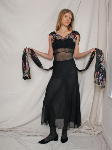 30s Floral Appliqué Silk Chiffon Gown