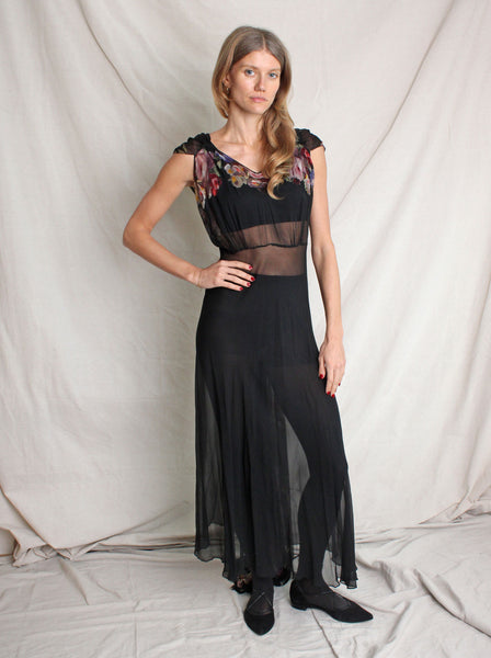 30s Floral Appliqué Silk Chiffon Gown