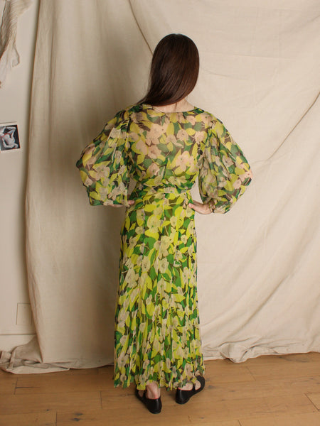 30s Chartreuse Silk Chiffon Floral Dress