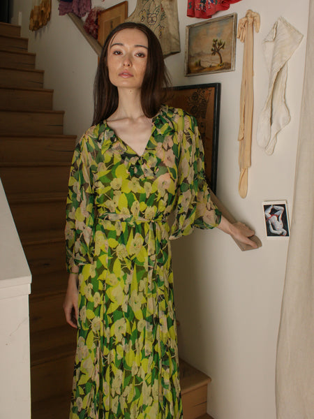 30s Chartreuse Silk Chiffon Floral Dress