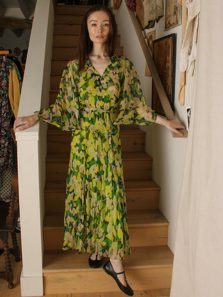 30s Chartreuse Silk Chiffon Floral Dress