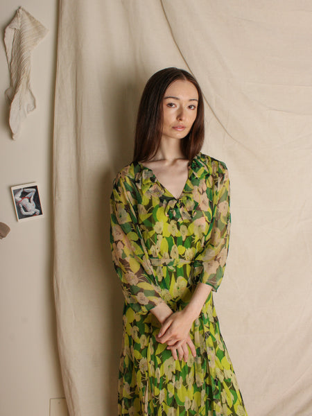 30s Chartreuse Silk Chiffon Floral Dress