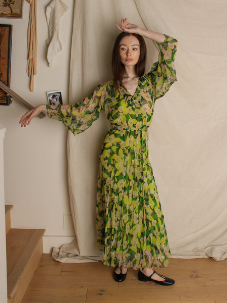 30s Chartreuse Silk Chiffon Floral Dress