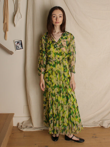 30s Chartreuse Silk Chiffon Floral Dress