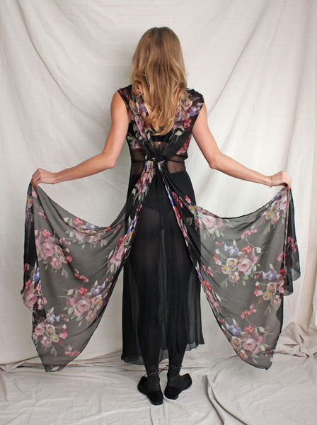 30s Floral Appliqué Silk Chiffon Gown