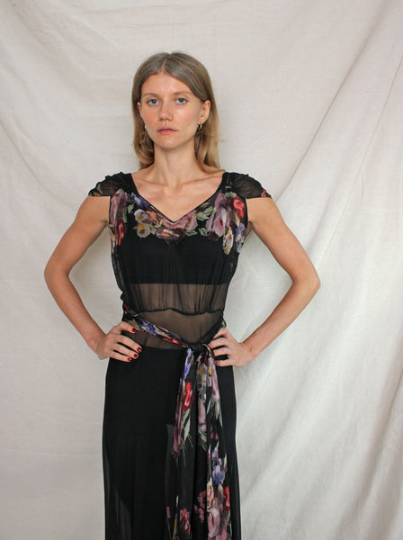 30s Floral Appliqué Silk Chiffon Gown