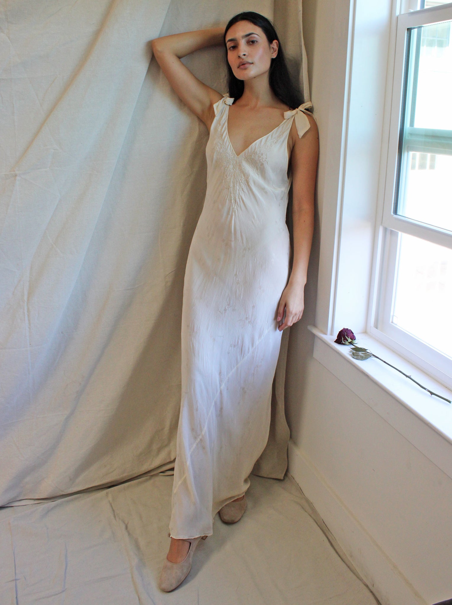 30s Embroidered Silk Jacquard Slip Dress