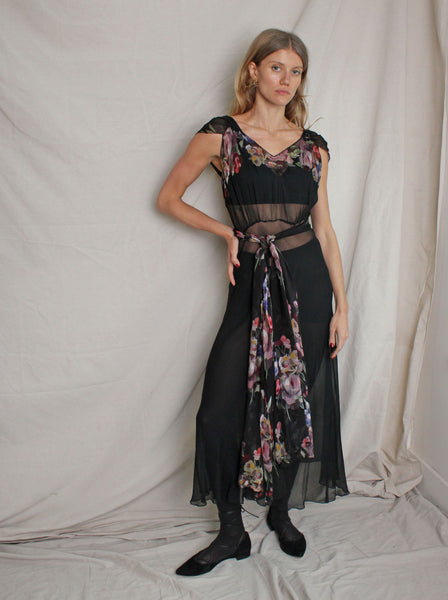 30s Floral Appliqué Silk Chiffon Gown