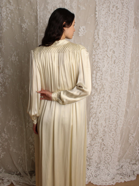 40s Smocked Silk Charmeuse Duster