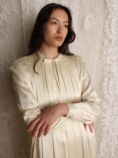 40s Smocked Silk Charmeuse Duster