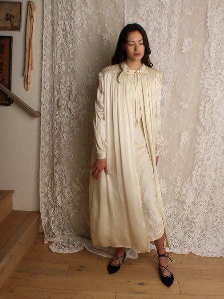40s Smocked Silk Charmeuse Duster