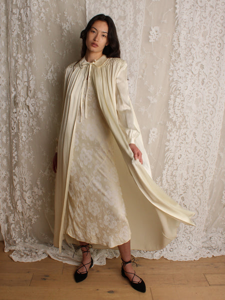 40s Smocked Silk Charmeuse Duster
