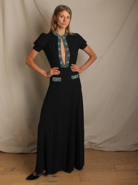 40s Beaded Plunging Neckline Gown