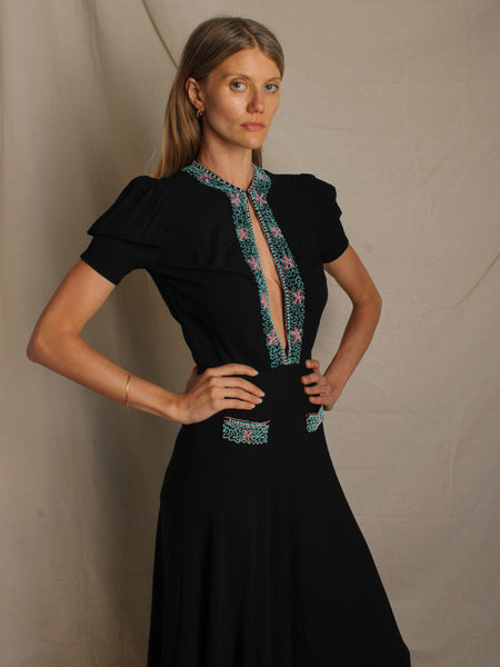 40s Beaded Plunging Neckline Gown