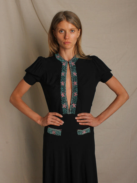 40s Beaded Plunging Neckline Gown
