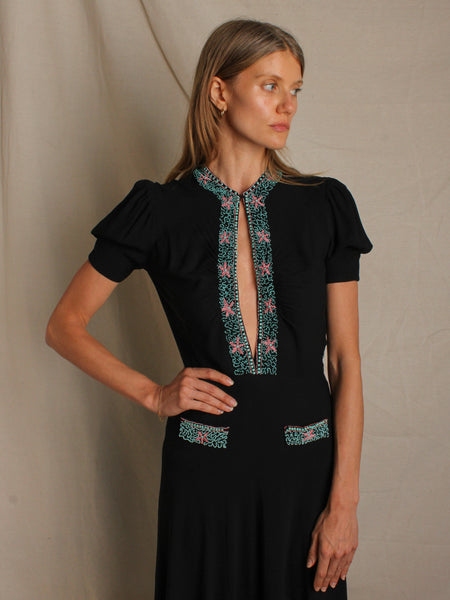 40s Beaded Plunging Neckline Gown