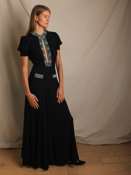 40s Beaded Plunging Neckline Gown