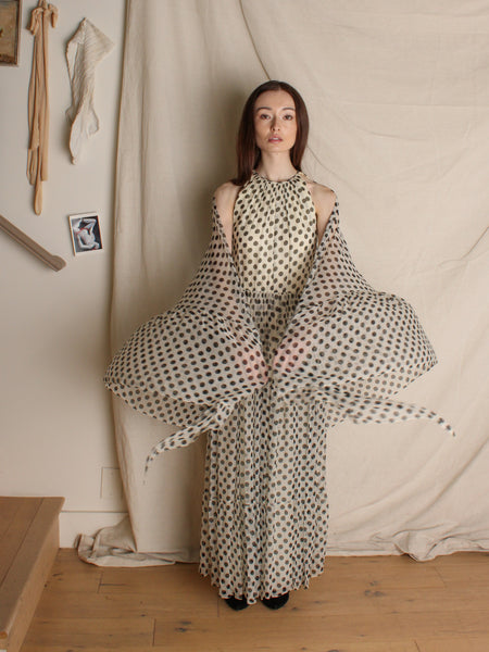 60s Polka Dot Silk Chiffon Gown & Cape
