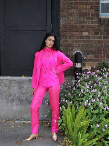 70s Neon Pink Organza Western Suit