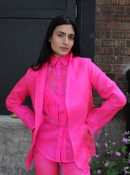 70s Neon Pink Organza Western Suit