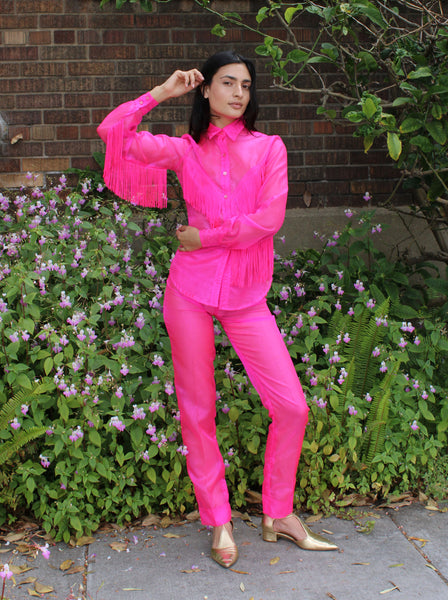 70s Neon Pink Organza Western Suit