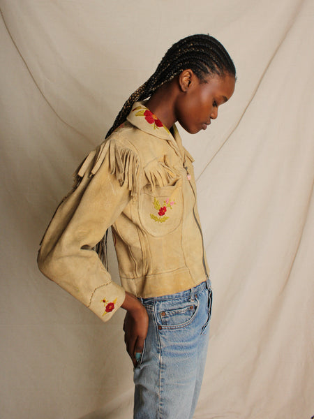 30s Embroidered Deer Hide Fringe Jacket