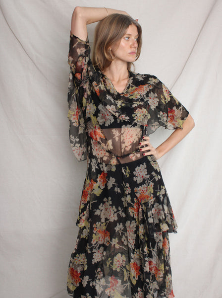 30s Silk Chiffon Tiered Dress