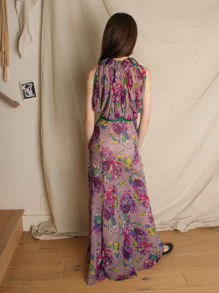 30s Purple Floral Silk Chiffon Gown