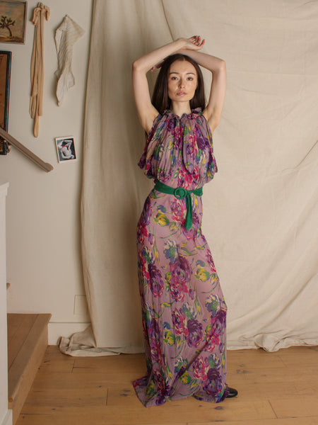 30s Purple Floral Silk Chiffon Gown