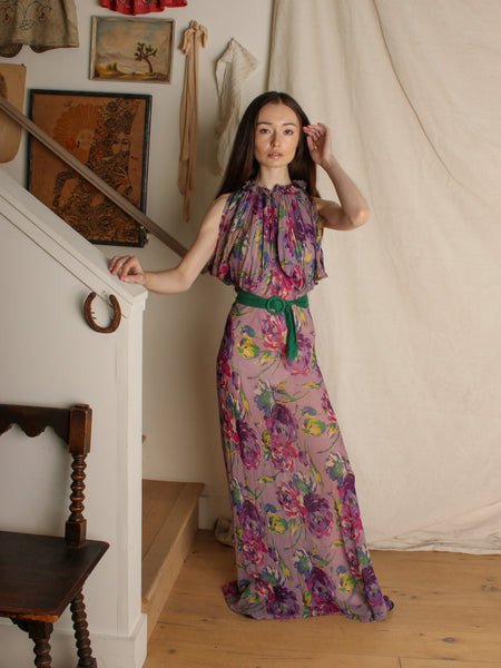 30s Purple Floral Silk Chiffon Gown